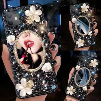 3D Огледало за Грим Черен Диамант Скъпоценни Камъни Планински Кристал Bling Капа Калъф за Samsung Galaxy Z 2 Пъти Калъф за Galaxy Z 3 Пъти F52 F62