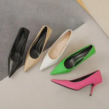 Обувки 2022 г., пролетни нови модни фини обувки на висок ток със затворени пръсти, дамски обувки-лодка на висок ток с остър пръсти зелен цвят G3212-1