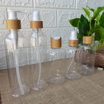 100шт 250 мл прозрачни / амбър / мат пластмасови бутилки с бамбук дървен капак пластмасов тонер с пръски вода бутилка за грижа за кожата опаковка