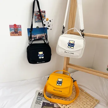 Дамски Корея Холщовая Чанта на Рамото с Хубав Анимационни Мечка, Сладка Мини Чанта през Рамо, Памучни Торби за Ученичките от 2021 г.