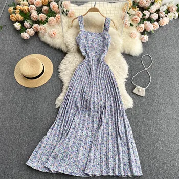 Сладки флорални рокли дамски лятна Нова Богиня на тежката промишленост Плиссированный Шифон празничен стил стягане