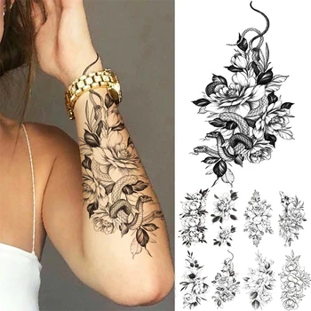 Цвете Змията Фалшиви Татуировки Етикети за Жени, Момичета Черна Роза, Божур Дизайн направи си САМ Временни Татуировки Рамото си Ръката на Гърдите Боди Арт