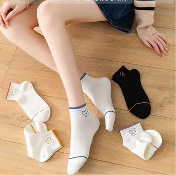 5 Двойки висококачествени летни женски нови памучни чорапи-лодочек с шарени мультяшного Мечка, Пресни бели Къси дамски чорапи с нисък покрив
