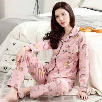 Жена 2019 с дълъг ръкав и панталони, Корейски нов пролетно-есенно-зимна жилетка, памук кариран пижамный комплект от две части, пижамный комплект