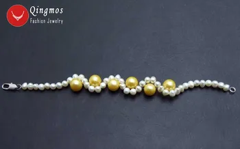 Qingmos Гривна от естествени Перли, за Жени, с 5-6 мм Бял и 9-10 мм Жълт Кръг Сладководните Перли Сплетен Гривна 7,5 