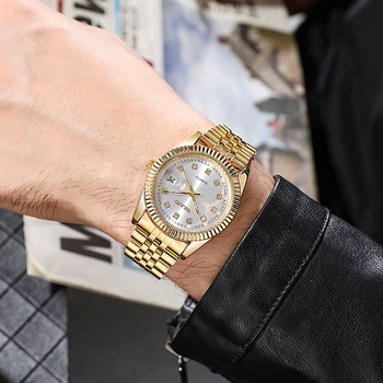Модни Луксозни Маркови Мъжки Кварцов Часовник Златни Напълно Стоманени Ръчен Часовник Canlendar За Мъже С Датата На Relogio Masculino