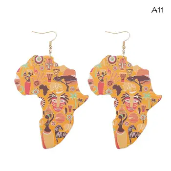 Бохемия Живопис върху Дърво Африка Карта Африканска Момиче Кръгла Сребърен Цвят Висящи Обеци, Дамски Дървени Модерен Хип-хоп Племенни направи си САМ Бижута