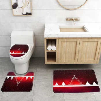 Zeegle баня килим набор от Коледа дърво печат на полиестер с душ завеса с подложка за баня комплект 4шт тоалетна баня подложки за душата