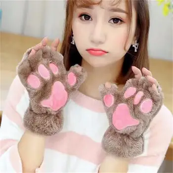 Нови ръкавици с котешки лапой, женски сладки зимни топли ръкавици с дебелина на полпальца, плюшени ръкавици с анимационни котка