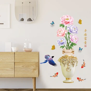 3d ваза стенни стикер за декорация на дома с подут цвете с птица стикер на стената хол стенни художествена живопис