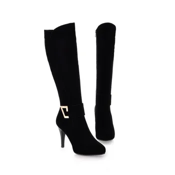 Дамски елегантни обувки на висок ток с остър пръсти и изкривени, есенно-зимни велур евтини черни Престрелки ботуши до Коляното на висок ток